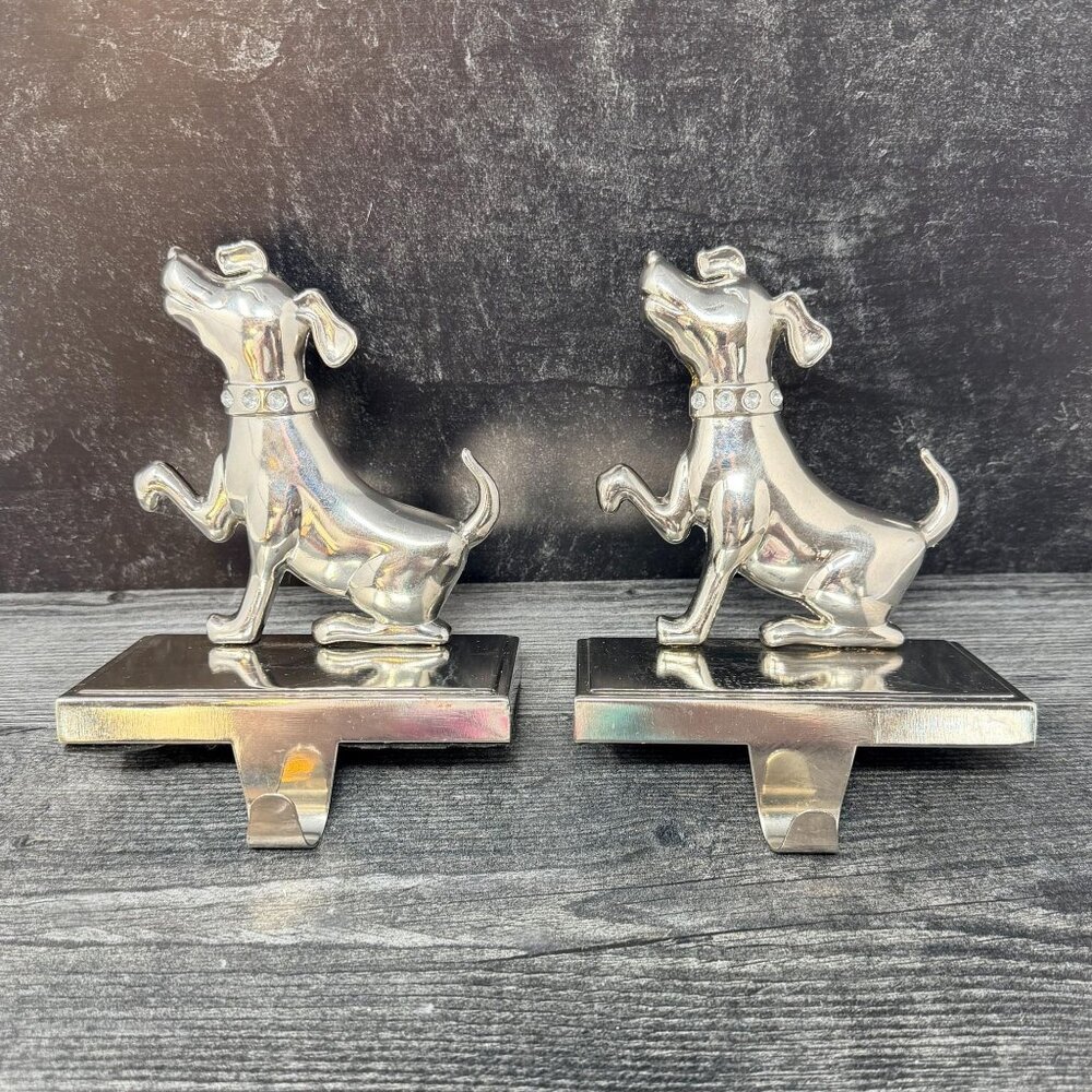 Vintage Pottery Barn Dog Stocking Holders Silver Rhinestone‎ Collars Set of 2